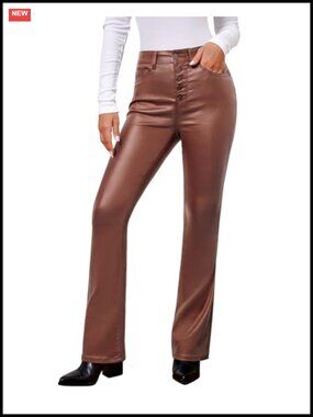 High Waisted Faux Leather Look Flare Jeans Women Stretchy Button Fly Bell